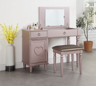 Bedroom Vanity Set w Stool Open Up Mirror Storage Space Drawers Rubber wood Ring Pull Handles Rose Gold Color Vanity