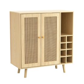 Coda Boho Mid-Century Modern Bar Cabinet with Woven Rattan Doors front Open Shelf Storage, and wine removable Rack