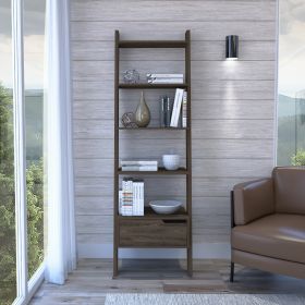 Oslo Ladder Bookcase; Four Legs; One Drawer; Five Open Shelves -Dark Walnut