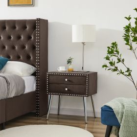 B109-TA Upholstered in durable 100% Brown Velvet nightstand Classic silver rivet elegant button tufted design with two drawer and metal legs