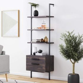 Free shipping Industrial 5-Tier Modern Ladder Shelf Bookcase, Vintage Metal Pipes and Wood Shelveswith Wood Drawers