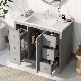 Contemporary Gray Bathroom Vanity Cabinet - 36x18x34 inches, 4 Drawers & 1 Cabinet Door, Multipurpose Storage, Resin Integrated Sink