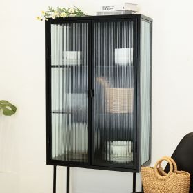 Retro-Styled, Fluted Glass High Cabinet with Detachable Shelves and Dual Doors for Living Room, Bathroom, Dining Room, Kitchen, Entryway - Black