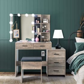 FCH Particleboard Triamine Veneer 5 Pumps 2 Shelves Mirror Cabinet Three Dimming Light Bulb Dressing Table Set Grey