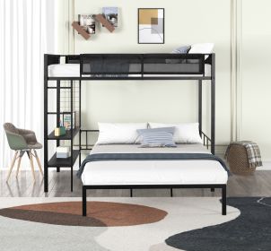 Metal Twin over Full Bunk with Shelves & Grid Panel/ Sturdy Metal Bed Frame/ Noise-free Wood Slats/ Comfortable Textilene Guardrail/ Built-in 2-tier S