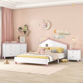 3-Pieces Bedroom Sets Full Size Platform Bed with Nightstand and Storage dresser,White+Pink