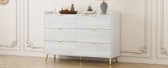 55" Long 6 Drawer Dresser with Marbling Worktop, Mordern Storage Cabinet with Metal Leg and Handle for Bedroom, White