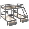 Full over Twin & Twin Bunk Bed,Triple Bunk Bed with Drawers, Gray