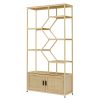 Rattan bookshelf 5 tiers Bookcases Storage Rack with cabinet for Living Room Home Office