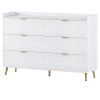 55" Long 6 Drawer Dresser with Marbling Worktop, Mordern Storage Cabinet with Metal Leg and Handle for Bedroom, White