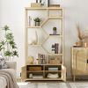 Rattan bookshelf 5 tiers Bookcases Storage Rack with cabinet for Living Room Home Office