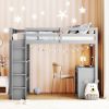 Twin Size Loft Bed with Ladder, Shelves, and Desk, Gray