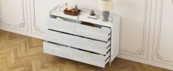 55" Long 6 Drawer Dresser with Marbling Worktop, Mordern Storage Cabinet with Metal Leg and Handle for Bedroom, White