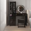 Modern Makeup Vanity Table Set with Side Cabinet and LED Mirror, Retractable Dressing Table with Power Outlets, 3 Light Colors