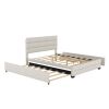 Queen Upholstered Platform Bed with Twin Size Trundle and Two Drawers, Beige