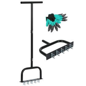 Lawn Aerator Tool Manual Metal Spike Grass Aeration With Dethatching Rake 15 Iron Spikes For Yard And Garden Compacted Soil Aerator Tool Black (Color: Black)