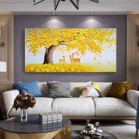 Hand Painted Oil Painting Abstract Big Yellow Tree On Canvas Sika Deer Painting Large tree painting Original painting Living Room Decor Knife Painting (Style: 1, size: 40x80cm)