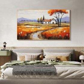 Hand Painted Oil Painting Original Village Landscape Oil Painting on Canvas Large Wall Art Minimalist Abstract Wall Art Orange Boho Wall Decor Living (Style: 1, size: 40x80cm)