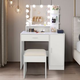 FCH Large Vanity Set with 10 LED Bulbs, Makeup Table with Cushioned Stool, 3 Storage Shelves 1 Drawer 1 Cabinet, Dressing Table Dresser Desk for Women (Color: As Picture)