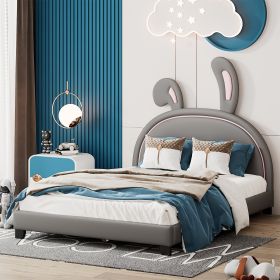 Full Size Upholstered Leather Platform Bed with Rabbit Ornament (Color: Gray)