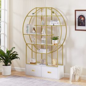 70.8 Inch Round Office Bookcase Bookshelf, Display Shelf, Two Drawers, Gold Frame (Color: as Pic)