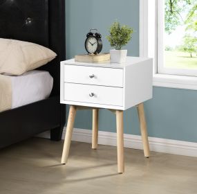 Side Table with 2 Drawer and Rubber Wood Legs;  Mid-Century Modern Storage Cabinet for Bedroom Living Room Furniture;  White (Color: White)