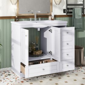 [Video]36 inch Shaker Style Free-Standing Bathroom Vanity Cabinet with Sink, 4 Soft-close Drawers and 2 Soft-close doors (Color: as Pic)