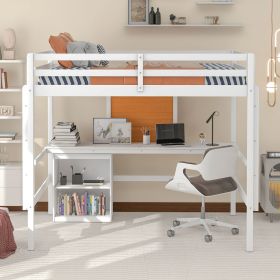 Full size Loft Bed with Desk and Writing Board, Wooden Loft Bed with Desk & 2 Drawers Cabinet (Color: White)