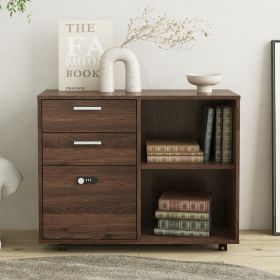 Drawer Wood File Cabinet with coded Lock, Mobile Lateral Filing Cabinet, Printer Stand with Open Storage Shelves for Home Office (main material: Particle Board, Color: Brown Oak)