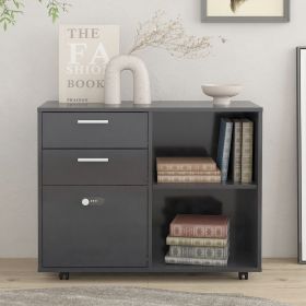 Drawer Wood File Cabinet with coded Lock, Mobile Lateral Filing Cabinet, Printer Stand with Open Storage Shelves for Home Office (main material: Particle Board, Color: Dark Gray)