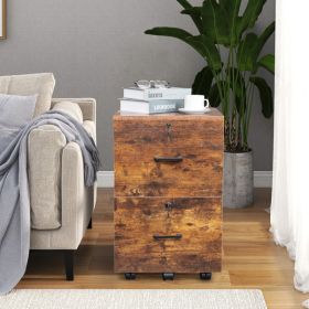 2-Drawer Rolling Wood File Cabinet with Lock, Brown & Black (Color: As Picture)