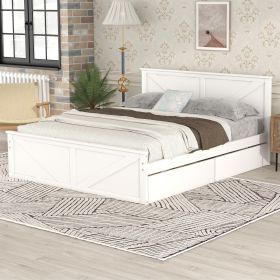 Queen Size Wooden Platform Bed with Four Storage Drawers and Support Legs (Color: White)