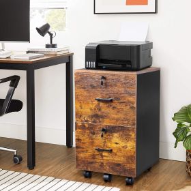 2-Drawer Rolling Wood File Cabinet with Lock, Brown & Black (Color: As shown in the figure)