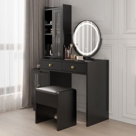 Makeup Vanity Table and Slim Armoire Wardrobe Set, Dressing Table with LED Mirror and Power Outlets and 2 Drawers (Color: As shown in the figure)