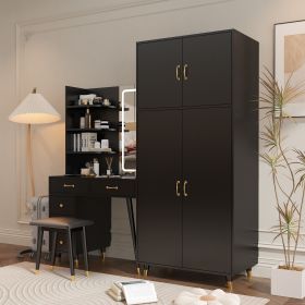 Makeup Vanity Table and Large Armoire Wardrobe Set, Dressing Table with LED Mirror and Power Outlets and 5 Drawers, 4 Door Bedroom Closet, Black (Color: As shown in the figure)