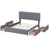 Upholstered Platform Bed with Classic Headboard and 4 Drawers;  No Box Spring Needed;  Linen Fabric;  Queen Size