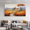 Hand Painted Oil Painting Original Village Landscape Oil Painting on Canvas Large Wall Art Minimalist Abstract Wall Art Orange Boho Wall Decor Living