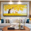 Hand Painted Oil Painting Abstract Big Yellow Tree On Canvas Sika Deer Painting Large tree painting Original painting Living Room Decor Knife Painting