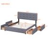 Upholstered Platform Bed with Classic Headboard and 4 Drawers;  No Box Spring Needed;  Linen Fabric;  Queen Size