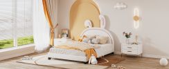 Full Size Upholstered Leather Platform Bed with Rabbit Ornament