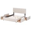 Upholstered Platform Bed with Classic Headboard and 4 Drawers;  No Box Spring Needed;  Linen Fabric;  Queen Size